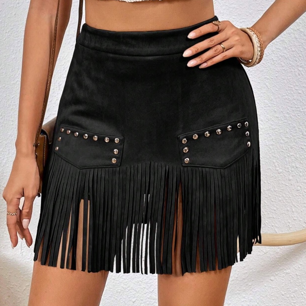 Western Fringe Hem Studded Mini Skirt